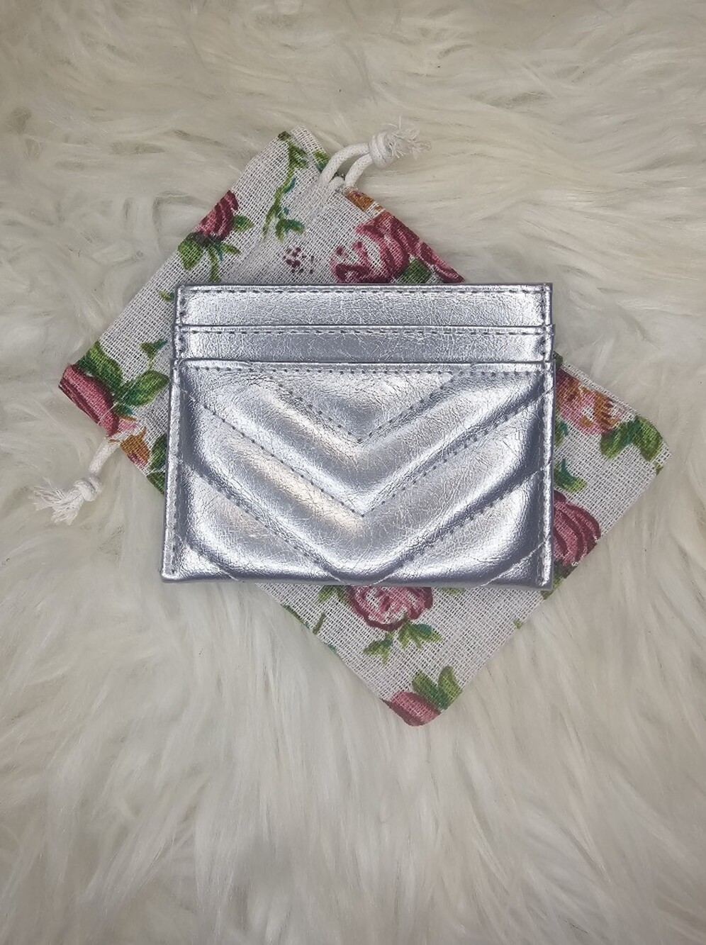 Quilted Chevron Metallic Silver Card Holder Wallet - Women Bags